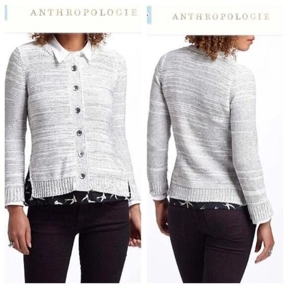 Anthropologie Field Flower Cardigan Sweater XS Button UP Double Hem Gray Grey
